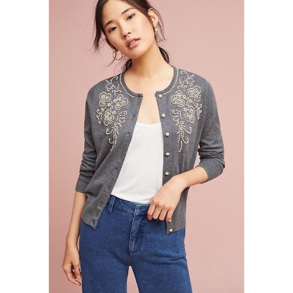 New Anthropologie Pearl Embellished Gray Cardigan - Picture 2 of 5